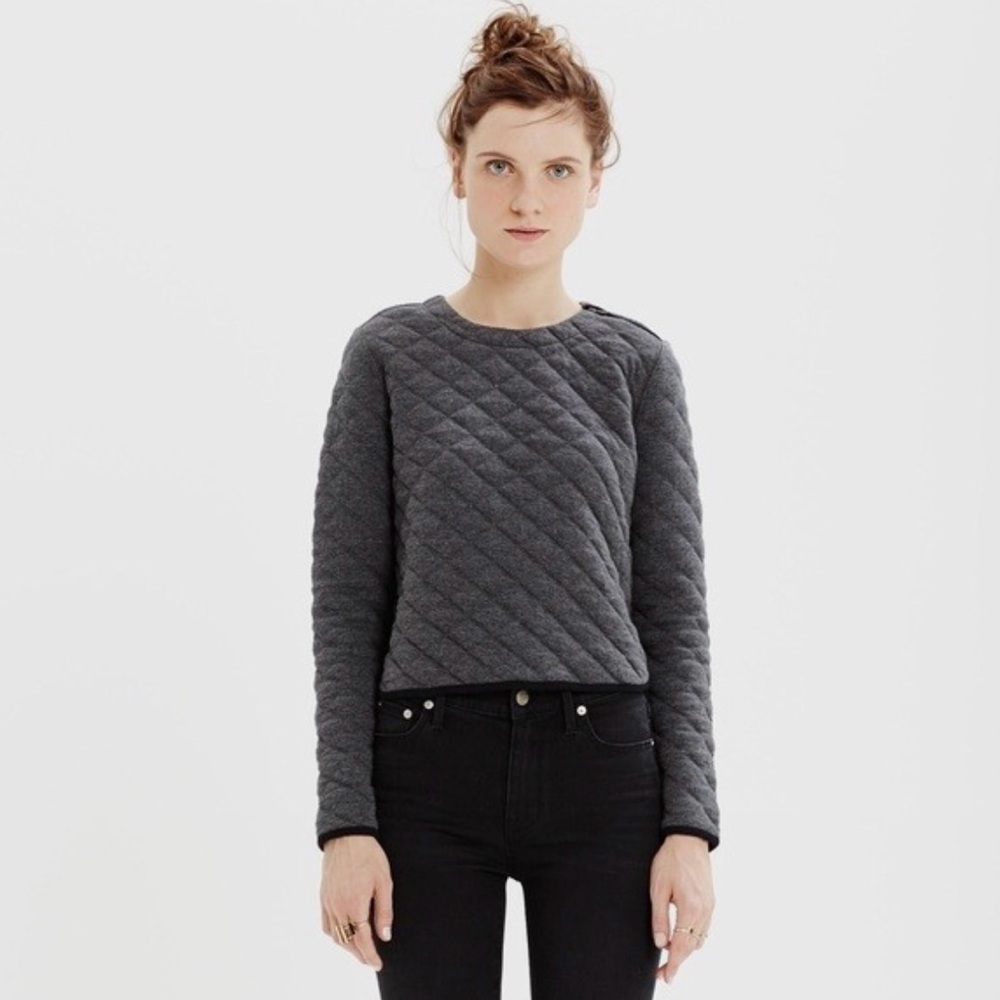 Madewell gray quilted zip shoulder cotton sweater, size XS boho cropped winter